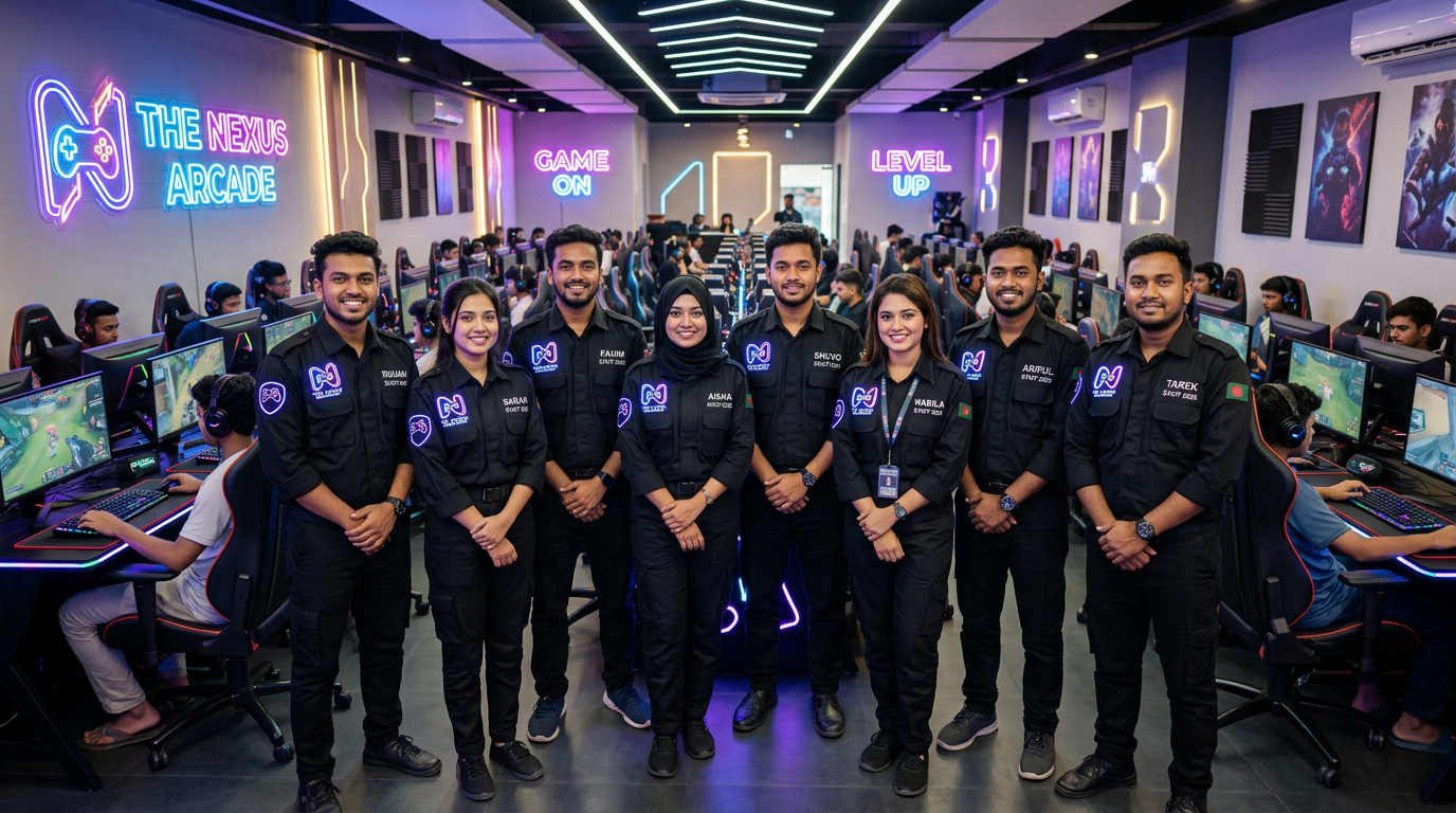 The Welqari team at the games cafe in Dhaka