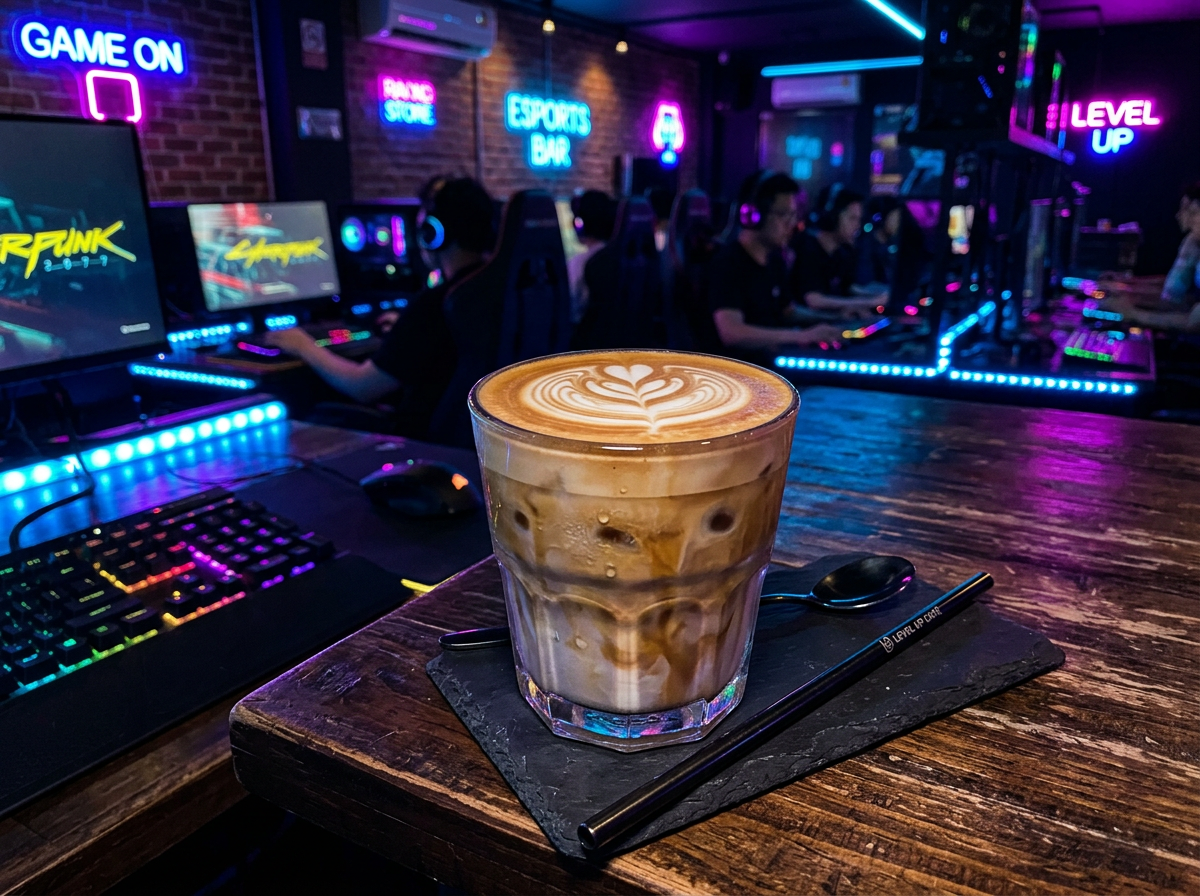 Premium iced coffee at Welqari games cafe