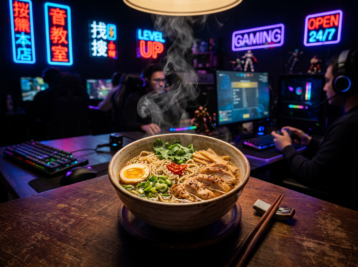 Asian chicken noodle soup bowl