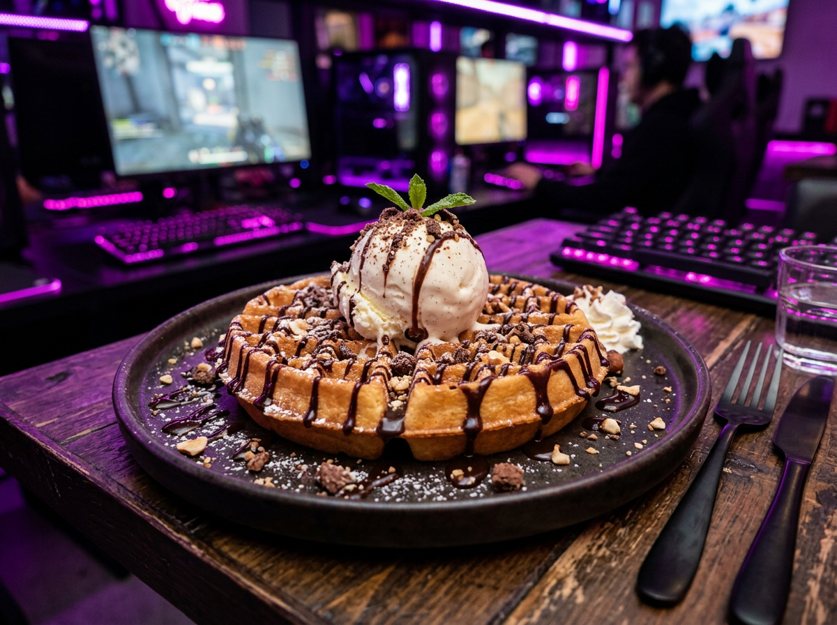 Premium waffle with ice cream and chocolate sauce